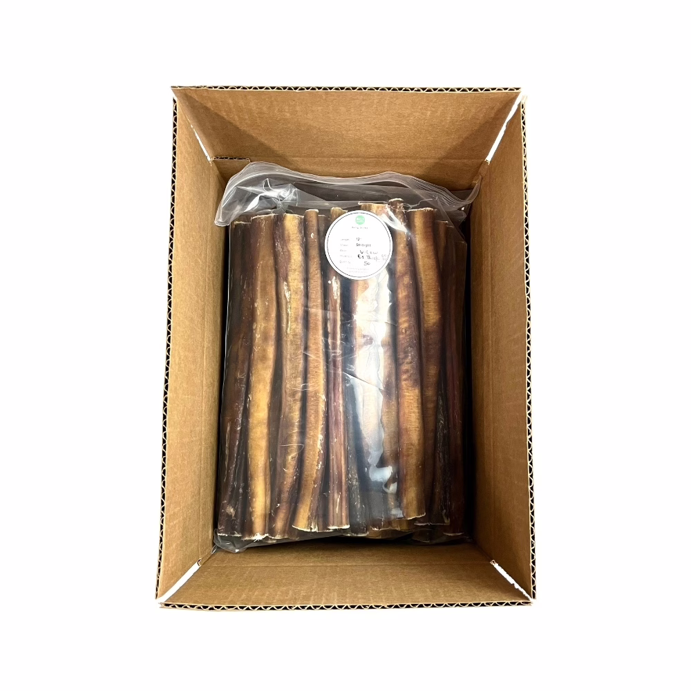 12" Bully Sticks | Extra Thick (65-74g) | Very Low Odor 3 12" straight bully sticks, extra thick, very low odor, in a zip bag in a box