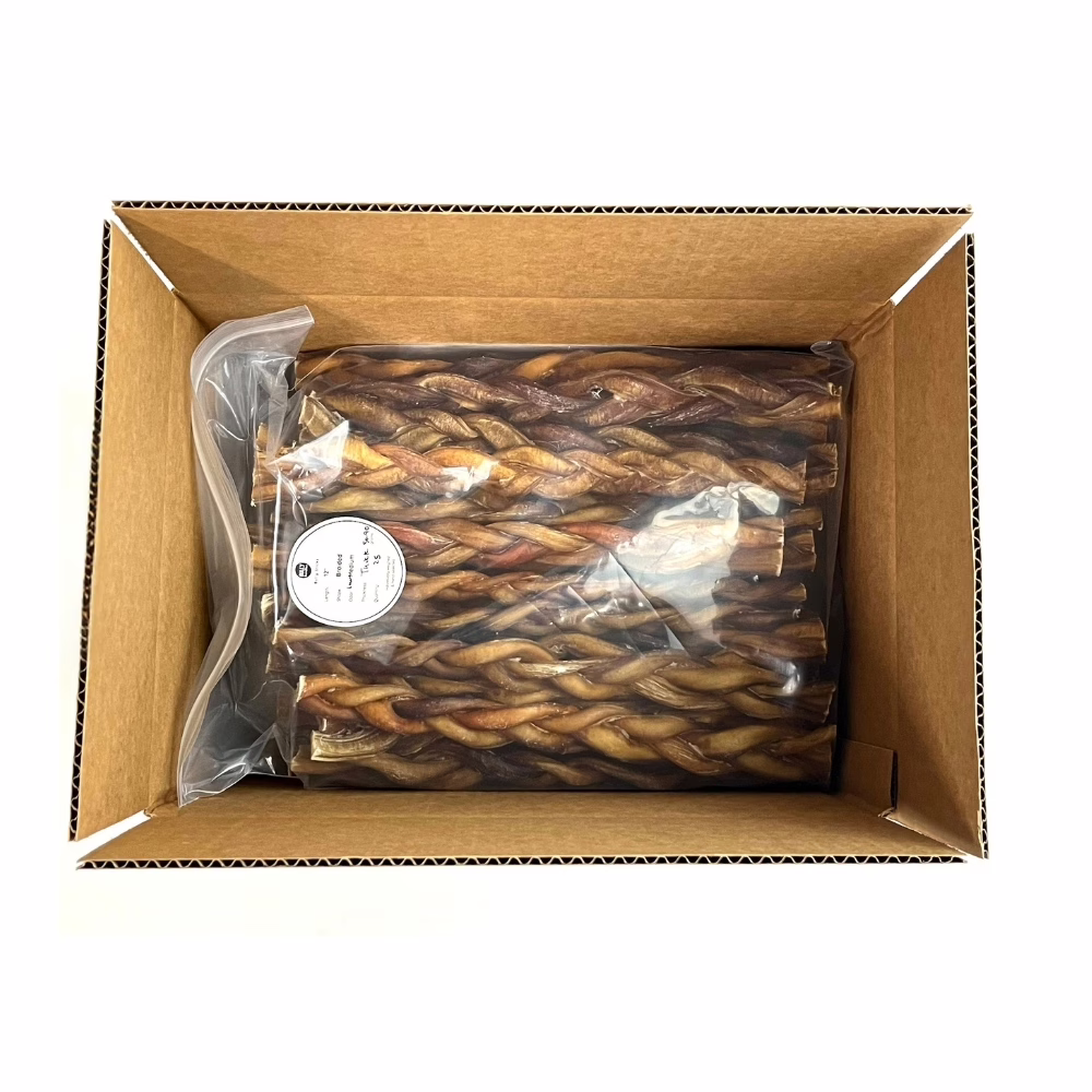 12" Braided Bully Sticks | Thick (50-75g) | Low-Medium Odor 5 12" braided bully sticks, low-medium odor, in a zip bag in a box