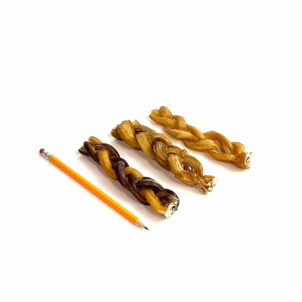 6" braided bully sticks, jumbo, low odor, next to a pencil