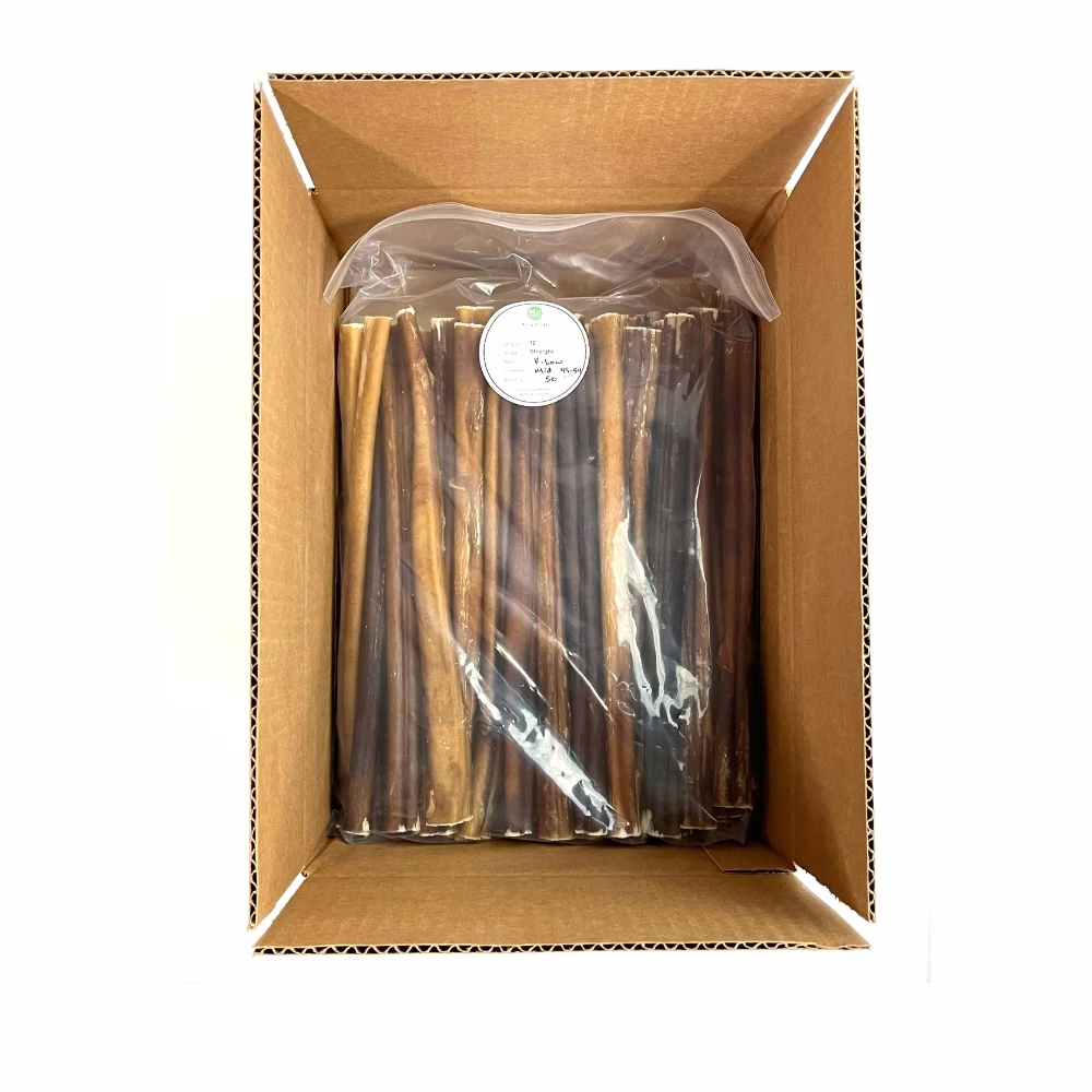 12" Bully Sticks | Mid (45-54g) | Very Low Odor 4 12" straight bully sticks, mid, very low odor, in a zip bag in a box