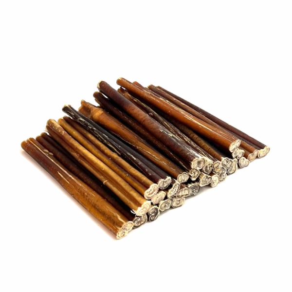 6" straight bully sticks, thin, low-medium odor, in a stack