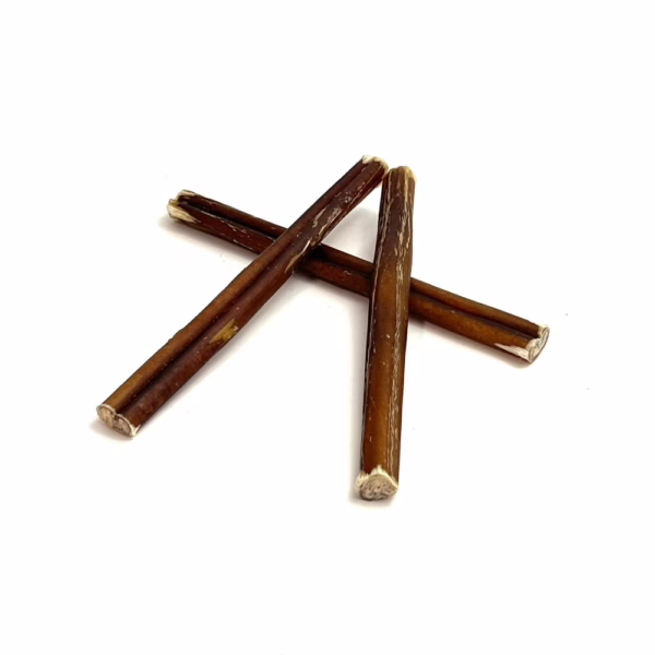 6" straight bully sticks, thin, low-medium odor, in a small stack
