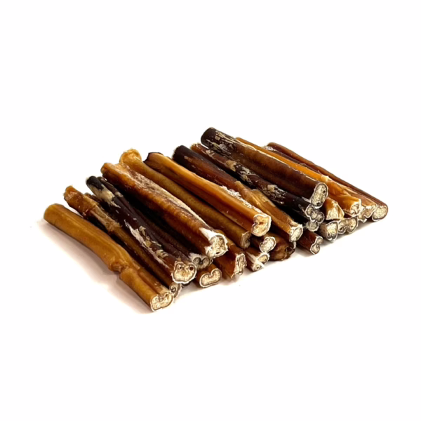 6" straight bully sticks, imperfect appearance, very low odor, in a stack