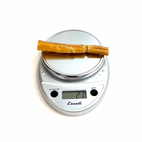 6" straight bully sticks, imperfect appearance, very low odor, on a scale