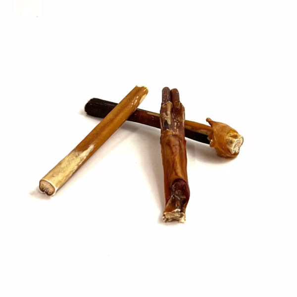 6" straight bully sticks, imperfect appearance, very low odor, in a small stack