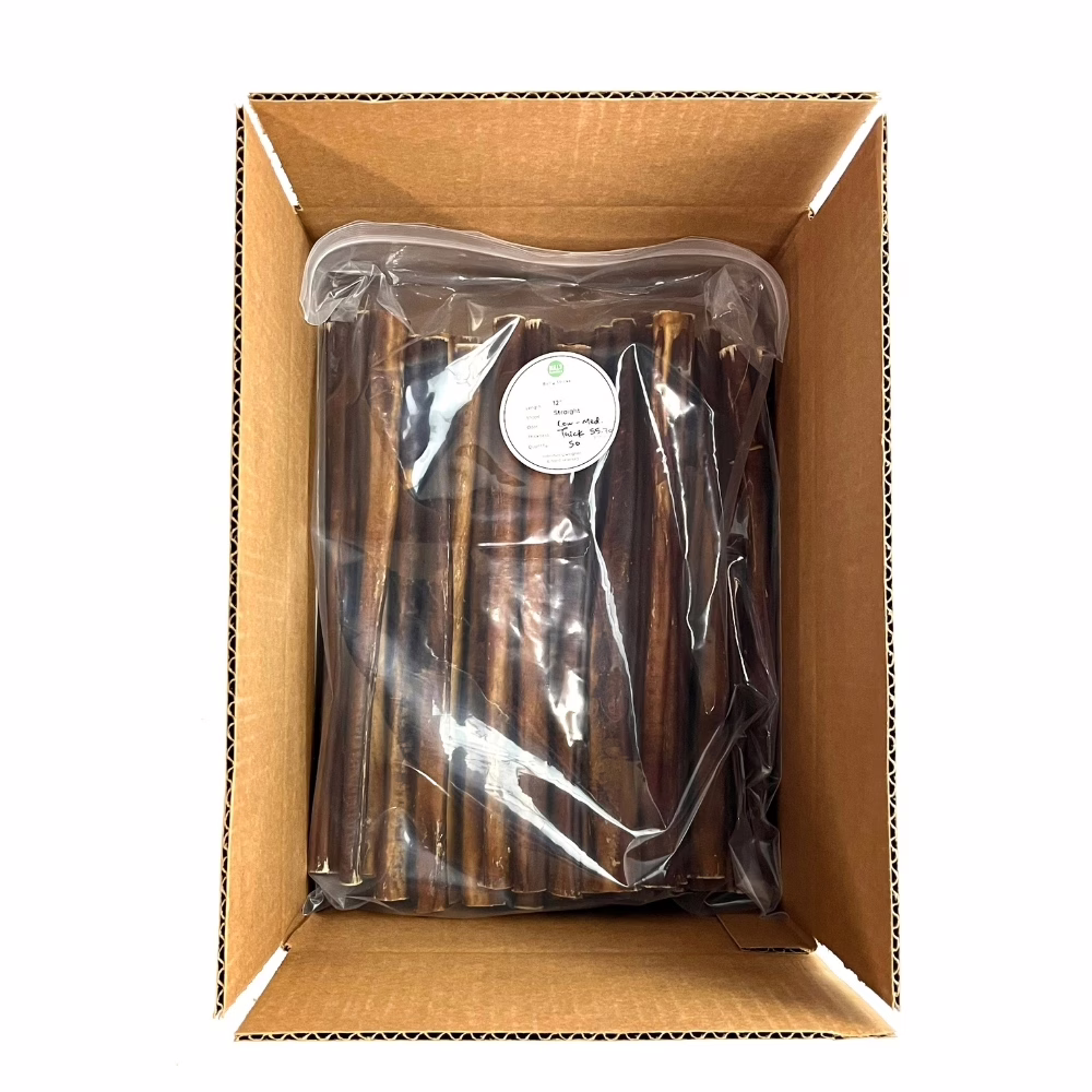 12" Bully Sticks | Thick (53-70g) | Low-Medium Odor 5 12" straight bully sticks, thick, low-medium odor, in a zip bag in a box