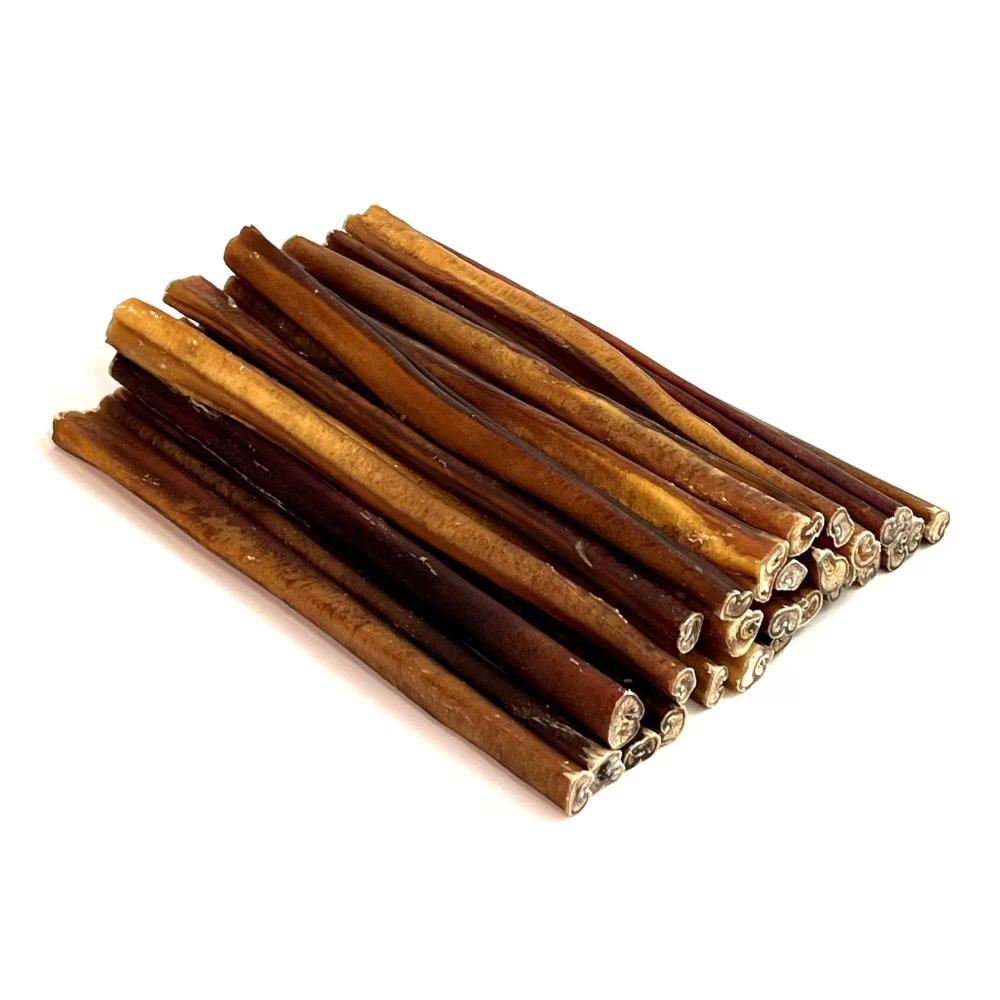 12" Bully Sticks | Thick (53-70g) | Low-Medium Odor 4 12" straight bully sticks, thick, low-medium odor, in a stack