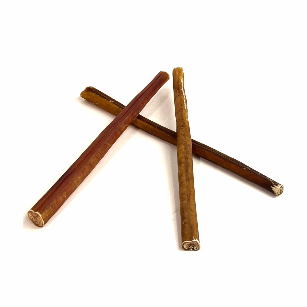 12" Bully Sticks | Thick (53-70g) | Low-Medium Odor 2 12" straight bully sticks, thick, low-medium odor, in a small stack
