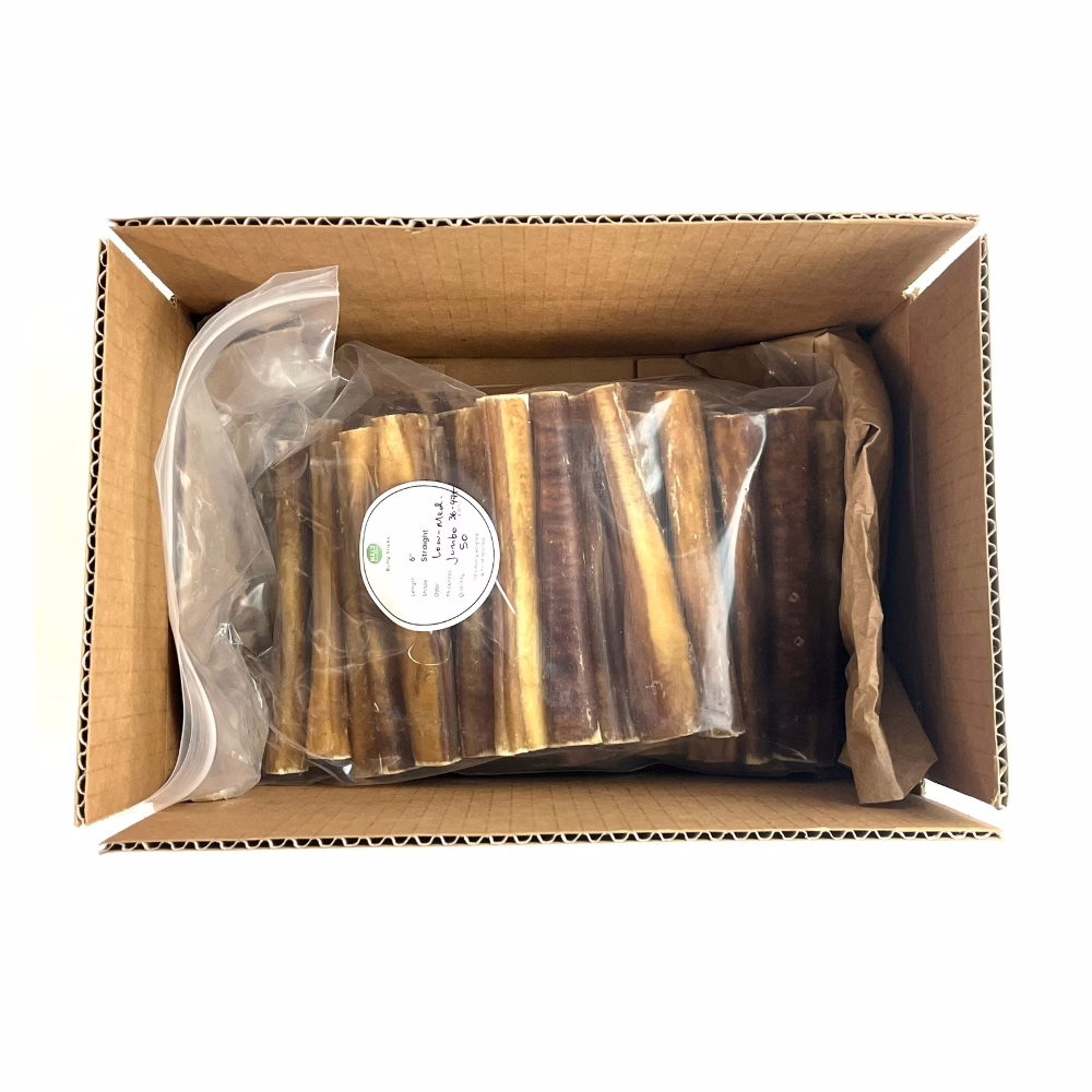 6" Bully Sticks | Jumbo (36-47+g) | Low-Medium Odor 5 6" straight bully sticks, jumbo, low-medium odor, in a zip bag in a box
