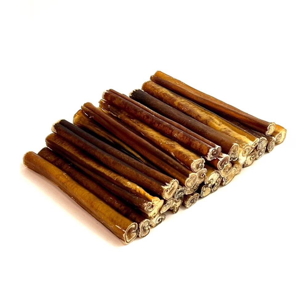 6" Bully Sticks | Thick (26-35g) | Low-Medium Odor 4 6" straight bully sticks, thick, low-medium odor, in a stack