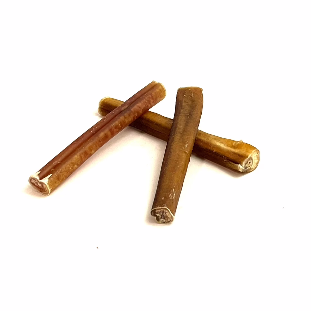 6" Bully Sticks | Thick (26-35g) | Low-Medium Odor 2 6" straight bully sticks, thick, low-medium odor, in a small stack