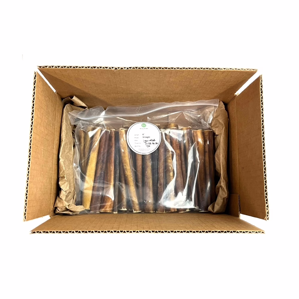 6" Bully Sticks | Thick (26-35g) | Low-Medium Odor 5 6" straight bully sticks, thick, low-medium odor, in a zip bag in a box