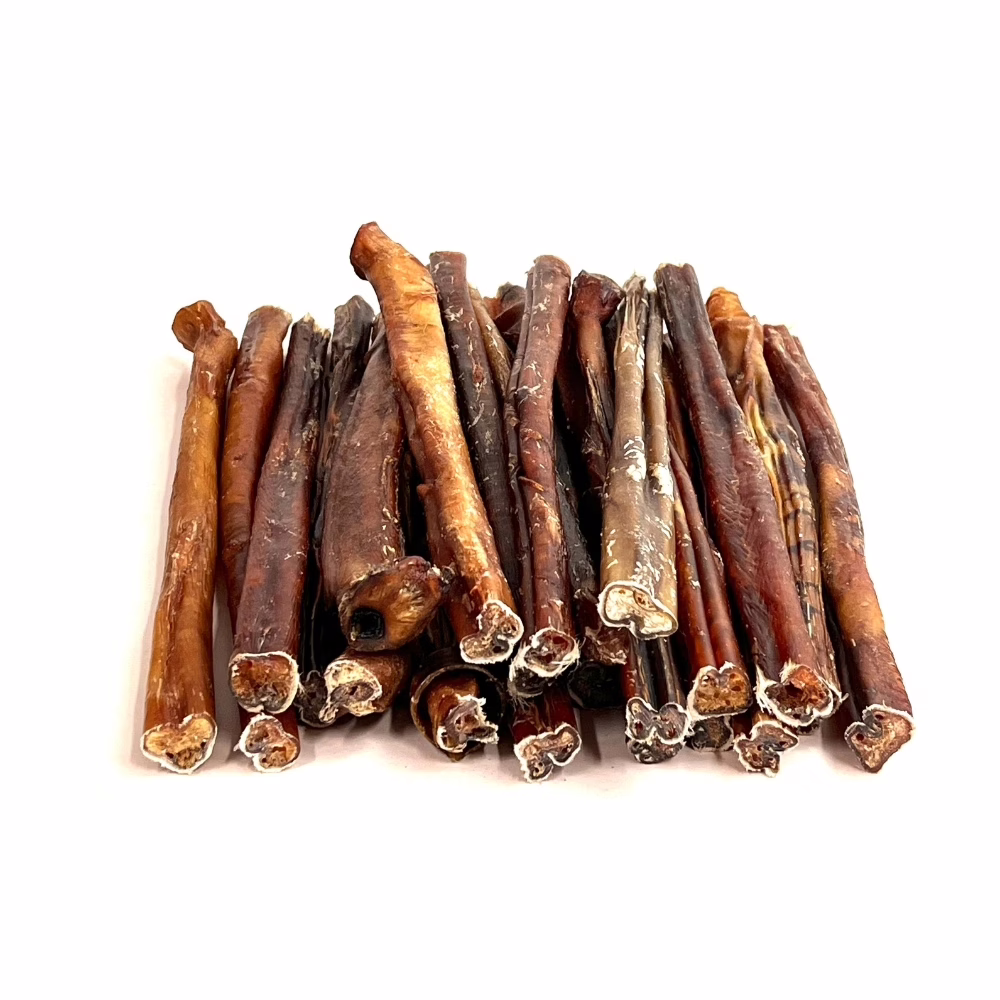 12" Bully Sticks - Overcooked/Imperfect **Tend To Chew Through More Quickly** | Thick (50-74g) | Low Odor 4 12" straight bully sticks, thick, slightly overcooked, imperfect appearance, low odor, large stack