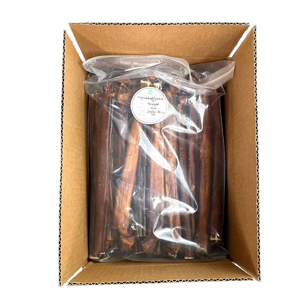 12" Bully Sticks - Overcooked/Imperfect **Tend To Chew Through More Quickly** | Jumbo (75-89g) | Low Odor 5 12" straight bully sticks, jumbo, overcooked, imperfect appearance, low odor, packaged