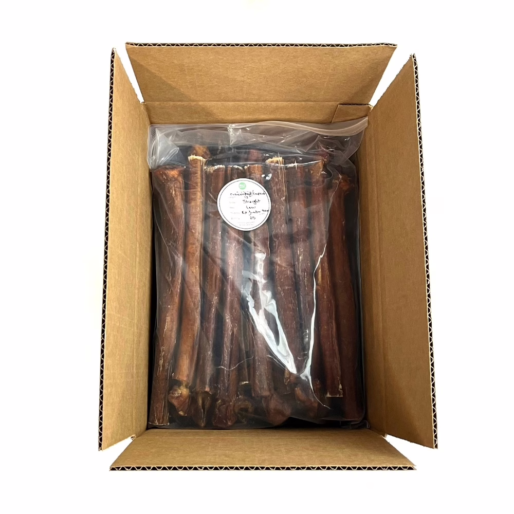 12" Bully Sticks - Overcooked/Imperfect **Tend To Chew Through More Quickly** | Extra Jumbo (90+g) | Low Odor 5 12" straight bully sticks, extra jumbo, overcooked, imperfect appearance, low odor, packaged