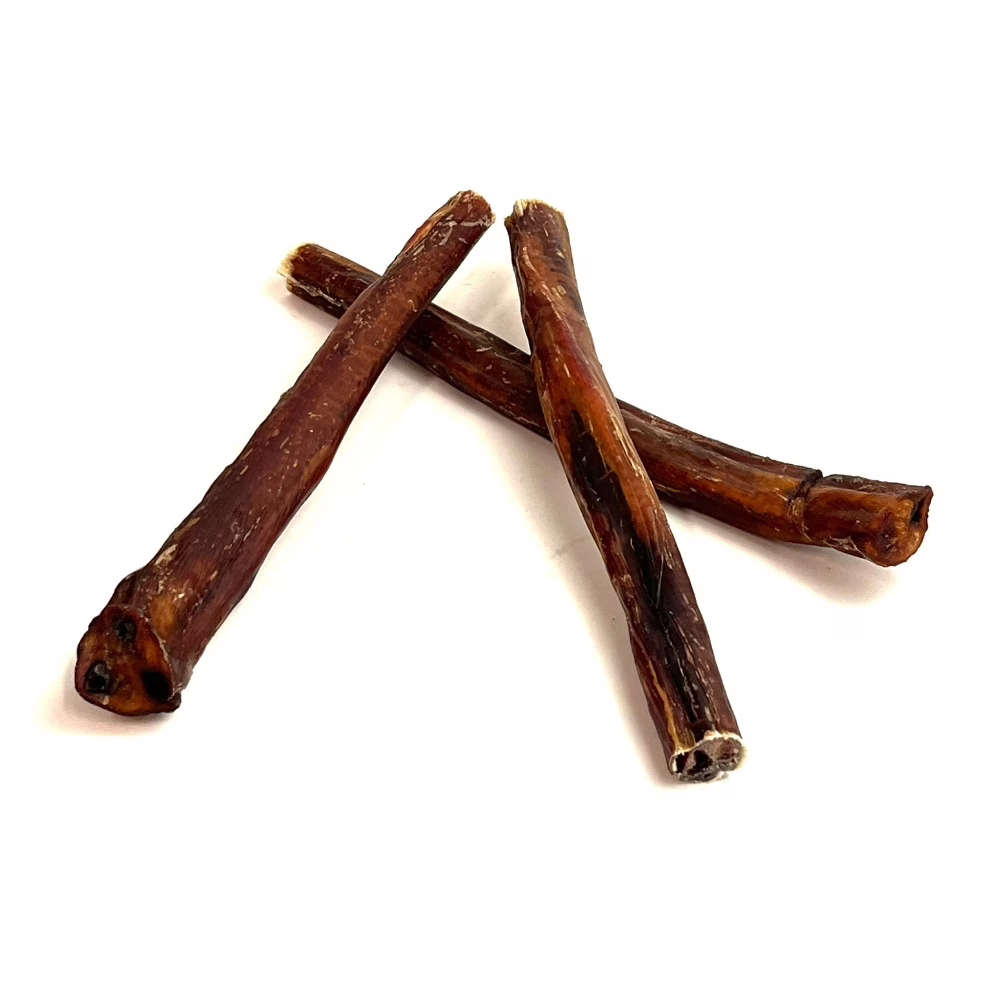 12" Bully Sticks - Overcooked/Imperfect **Tend To Chew Through More Quickly** | Extra Jumbo (90+g) | Low Odor 2 12" straight bully sticks, extra jumbo, overcooked, imperfect appearance, low odor, small stack