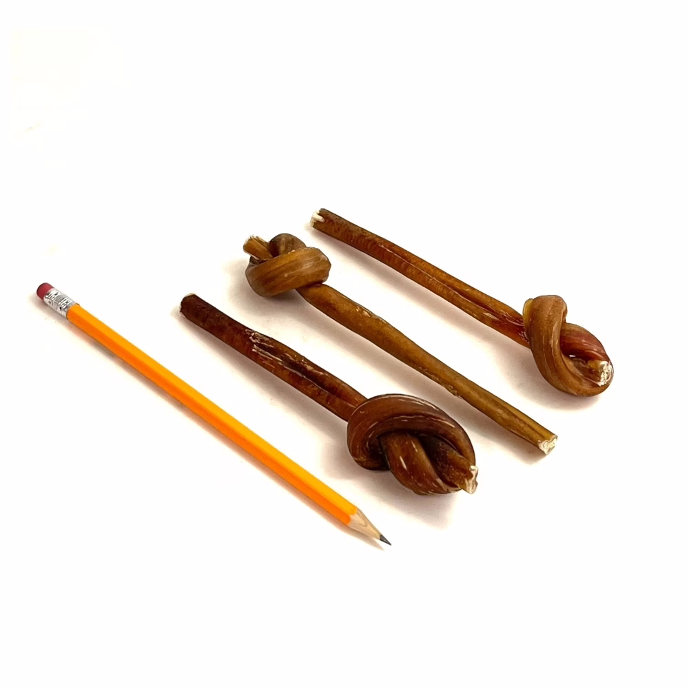 6" lollipop bully sticks, mid, low-medium odor, next to a pencil